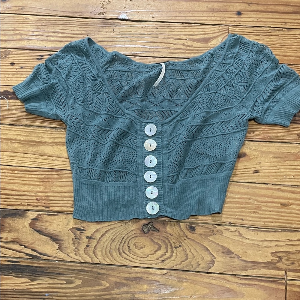 Free People Teal Knit Cropped Button Front Top